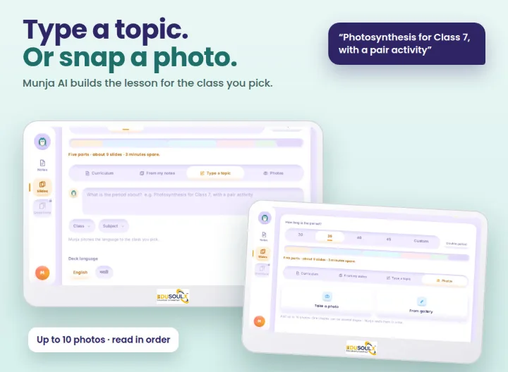 Type a topic or snap a photo, and Munja AI builds the lesson