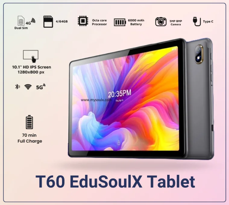 EduSoulX T60 tablet with its accessories