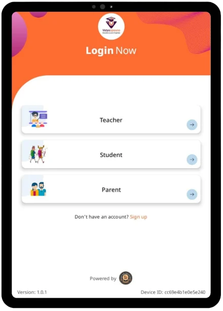 VidyaUpasna login screen for teacher, student and parent